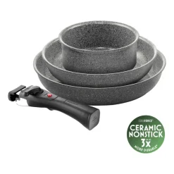 Ballarini Torre Set Padelle e Casseruole Antiaderente Ceramico In Alluminio Con Manico Rimovibile - Set 4 Pz