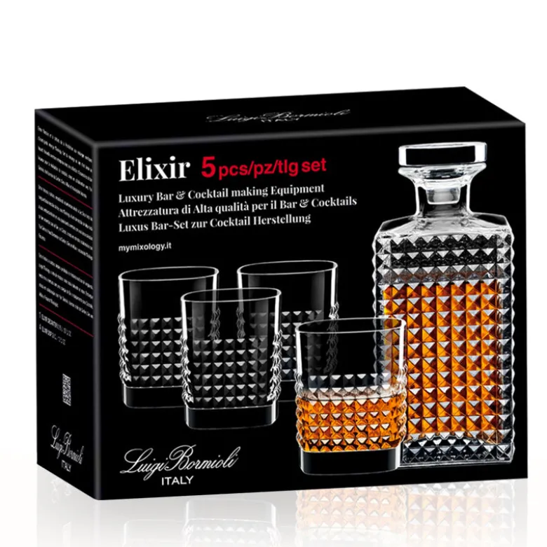 Bormioli Luigi Mixology Elixir Set Whisky Bottiglia e Bicchieri In Vetro - Set 5 Pz