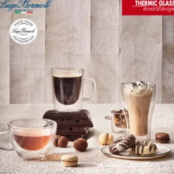 30 cl - Bormioli Luigi Themic Glass Tazza Multiuso In Vetro Termico Con Piattino In Acciaio Inonx - Set 2 Pz