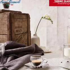 6.5 cl - Bormioli Luigi Themic Glass Tazza Caffé Espresso In Vetro Termico Con Piattino In Acciaio Inonx - Set 2 Pz