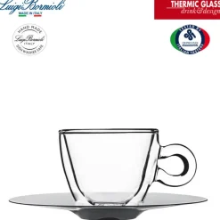 6.5 cl - Bormioli Luigi Themic Glass Tazza Caffé Espresso In Vetro Termico Con Piattino In Acciaio Inonx - Set 2 Pz
