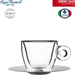 16.5 cl - Bormioli Luigi Thermic Glass Tazza Cappuccino Doppia Parete Con Piattino In Acciaio - Set 2 Pz