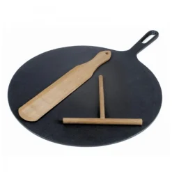 32 cm - Ilsa Crepiera Rotonda In Ghisa Con Spatola E Stendi Pasta in Legno
