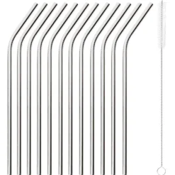 21.5 cm - Paderno Curved Reusable Straws in Stainless Steel with Brush Set of 12