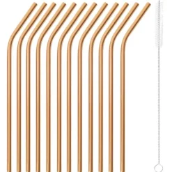 21.5 cm - Paderno Curved Reusable Straws in Stainless Steel with Brush Set of 12
