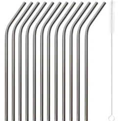 21.5 cm - Paderno Curved Reusable Straws in Stainless Steel with Brush Set of 12