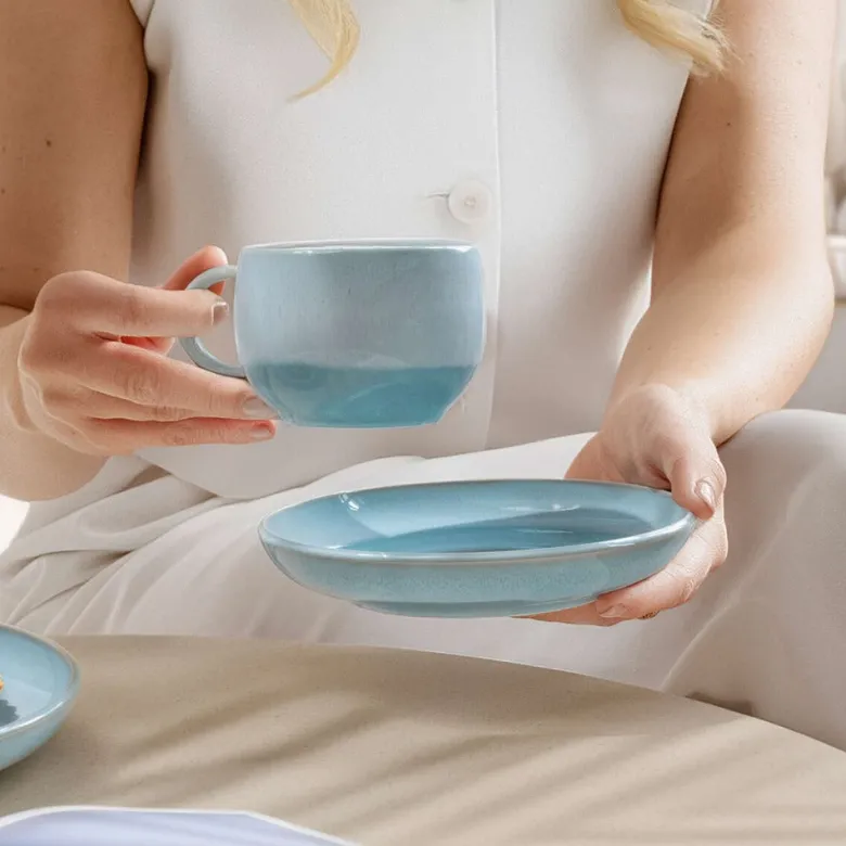 16.1 cm - Villeroy & Boch Perlemor Aqua Piattino Tazzina Caffè In Porcellana Premium - Set 6 Pz