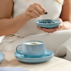 16.1 cm - Villeroy & Boch Perlemor Aqua Piattino Tazzina Caffè In Porcellana Premium - Set 6 Pz