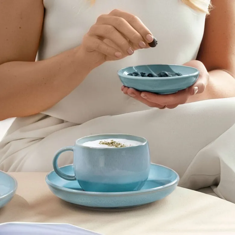 16.1 cm - Villeroy & Boch Perlemor Aqua Piattino Tazzina Caffè In Porcellana Premium - Set 6 Pz