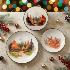 H&H Golden Woods Servizio Piatti Decoro Natalizio In Stoneware Set 18 Pz