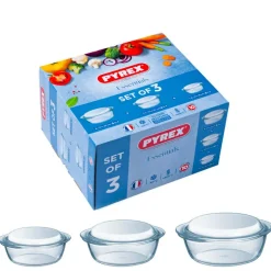 Pyrex Essentials Set Casseruole Rotonde In Vetro Borosilicato Con Coperchio - Set 3 Pz