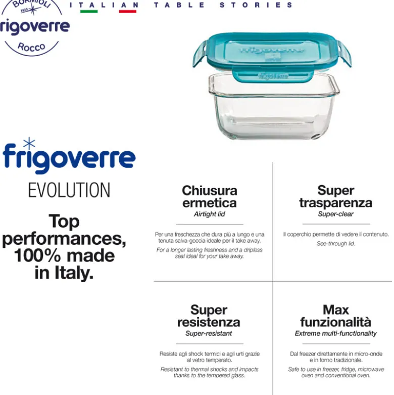 18x18 cm - Bormioli Rocco Frigoverre Evolution Contenitore Per Alimenti Ermetico In Vetro Temperato