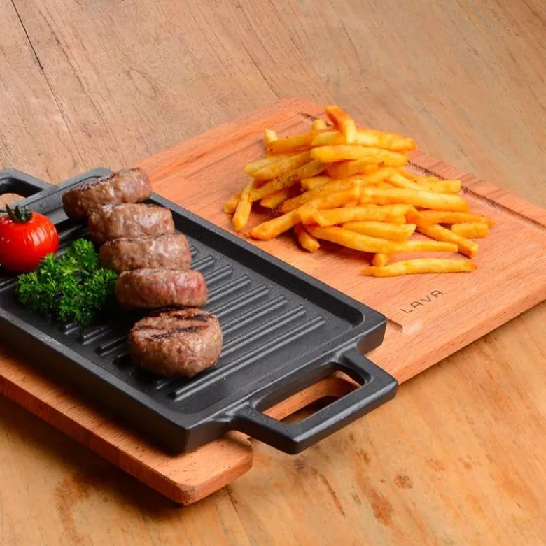 22x15 cm - Paderno Bistecchiera Grill Rettangolare In Ghisa Smaltata Con Supporto In Legno