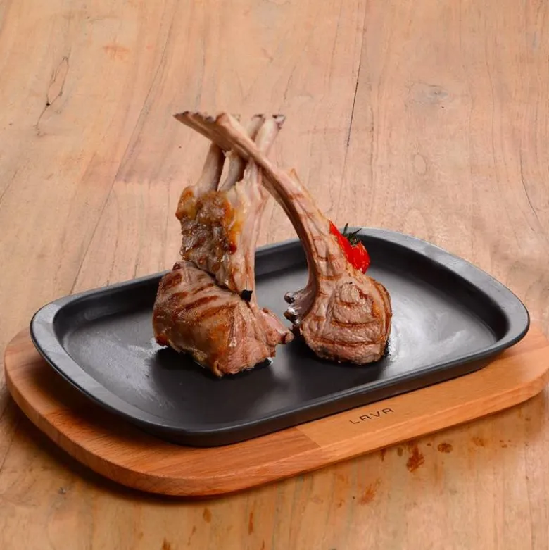32x20 cm - Paderno Cast Iron Cookware Piatto In Ghisa Con Supporto In Legno
