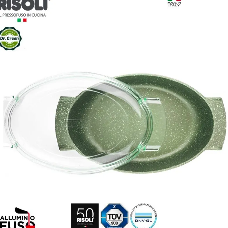 36x24 cm - Risoli Dr.Green Stone Rostiera Ovale Antiaderente In Alluminio Con Coperchio In Vetro